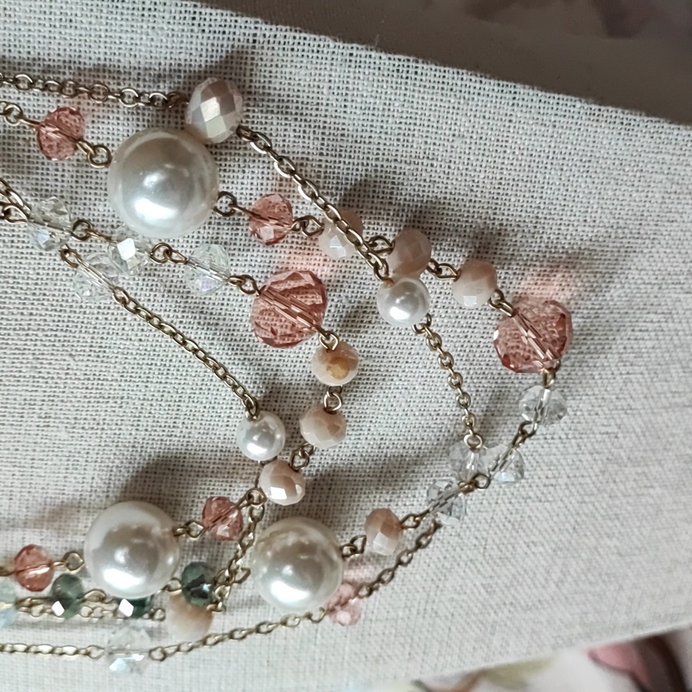 Beads and Baubles Moonstone Faceted Extra Long Necklace Pastel Dual Chain Pearls